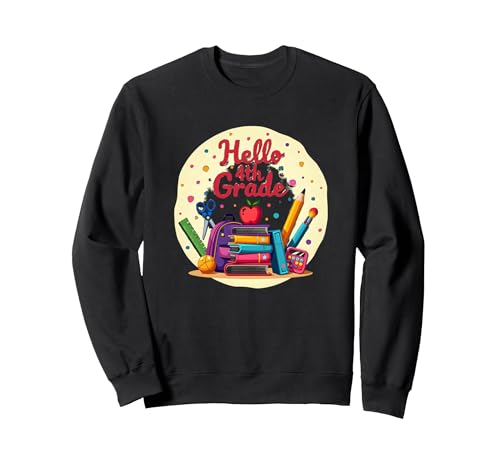 Hello Grafik mit Schulmaterial für Mädchen der 4. Klasse für den ersten Tag Sweatshirt, Unisex für Erwachsene, Schwarz, S von Generic