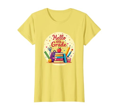 Hello Grafik mit Schulmaterial für Mädchen der 4. Klasse für den ersten Tag T-Shirt, Damen, Gelb, XL von Generic