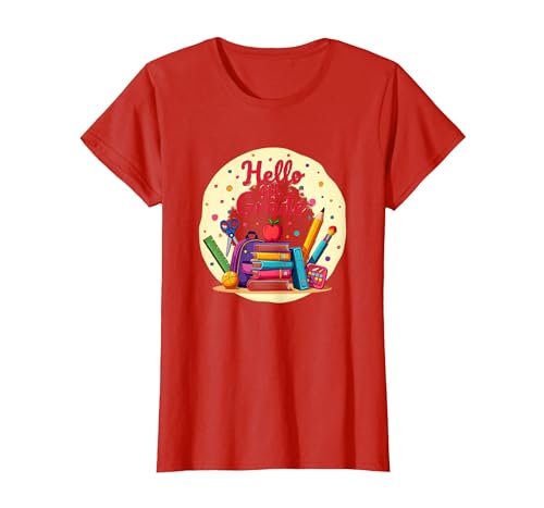 Hello Grafik mit Schulmaterial für Mädchen der 4. Klasse für den ersten Tag T-Shirt, Damen, Rot, L von Generic