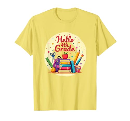 Hello Grafik mit Schulmaterial für Mädchen der 4. Klasse für den ersten Tag T-Shirt, Herren, Gelb, S von Generic