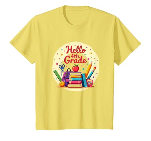 Hello Grafik mit Schulmaterial für Mädchen der 4. Klasse für den ersten Tag T-Shirt, Kinder, Gelb, 98 von Generic