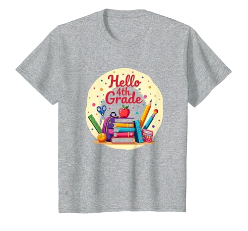 Hello Grafik mit Schulmaterial für Mädchen der 4. Klasse für den ersten Tag T-Shirt, Kinder, Grau Meliert, 104 von Generic