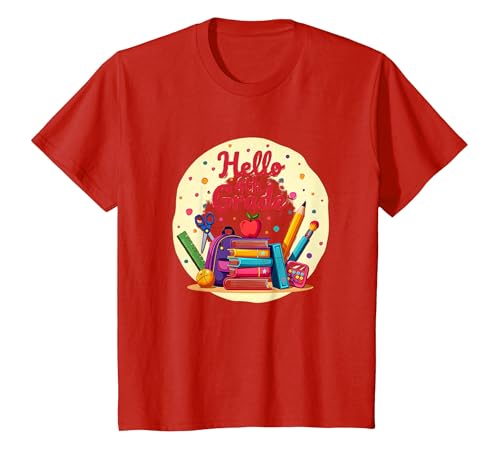 Hello Grafik mit Schulmaterial für Mädchen der 4. Klasse für den ersten Tag T-Shirt, Kinder, Rot, 98 von Generic