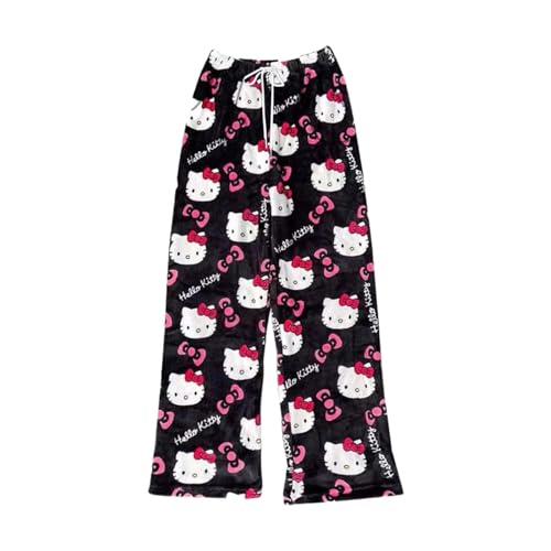 Hello Kἰtty Pyjama Hose 3 Taschen - Schlafanzug Damen Lang Winter Flanell Pyjama Kuschel Pyjamahose Flauschig Schlafhose Cartoon Kawaii Bequeme Warme Kordelzug Loungewear Mädchen Geschenk für Sie von Generic