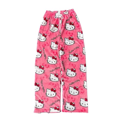 Hello Kἰtty Pyjama Hose 3 Taschen - Schlafanzug Damen Lang Winter Flanell Pyjama Kuschel Pyjamahose Flauschig Schlafhose Cartoon Kawaii Bequeme Warme Kordelzug Loungewear Mädchen Geschenk für Sie von Generic