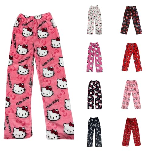Mintunat Neueste Hello Kἰtty Mode 2024 Damen Pyjama Hose Lang Flanell Pyjamas Anime Y2K Bequeme Warme Pyjamahose Ideal zum Schlafen Lounge Warmes von Generic