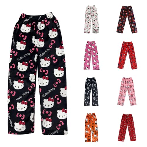 Mintunat Neueste Hello Kἰtty Mode 2024 Damen Pyjama Hose Lang Flanell Pyjamas Anime Y2K Bequeme Warme Pyjamahose Ideal zum Schlafen Lounge Warmes von Generic