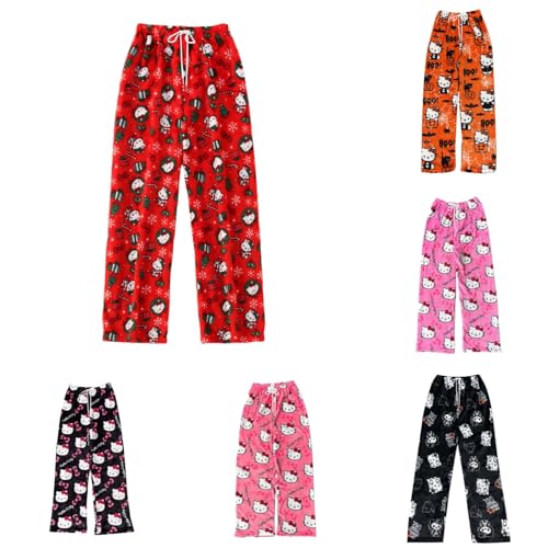 Hello Kἰtty Pyjama Hose Weihnachten mit 3 Taschen Große Größen, Damen Schlafanzughose Hosen Lang Flanell Damen Schlafhose Weich Pyjamas Kordelzug Anime Bequeme Warme Pyjamahose Ideal zum Schlafen von Generic
