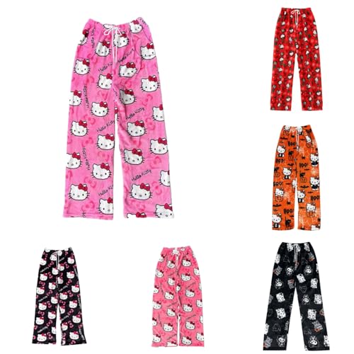 Hello Kἰtty Pyjama Hose Weihnachten mit 3 Taschen Große Größen, Damen Schlafanzughose Hosen Lang Flanell Damen Schlafhose Weich Pyjamas Kordelzug Anime Bequeme Warme Pyjamahose Ideal zum Schlafen von Generic