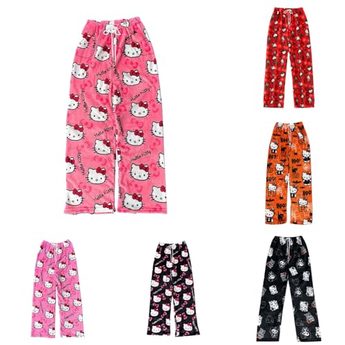 Hello Kἰtty Pyjama Hose Weihnachten mit 3 Taschen Große Größen, Damen Schlafanzughose Hosen Lang Flanell Damen Schlafhose Weich Pyjamas Kordelzug Anime Bequeme Warme Pyjamahose Ideal zum Schlafen von Generic
