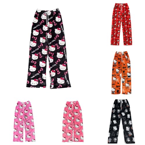 Hello Kἰtty Pyjama Hose Weihnachten mit 3 Taschen Große Größen, Damen Schlafanzughose Hosen Lang Flanell Damen Schlafhose Weich Pyjamas Kordelzug Anime Bequeme Warme Pyjamahose Ideal zum Schlafen von Generic