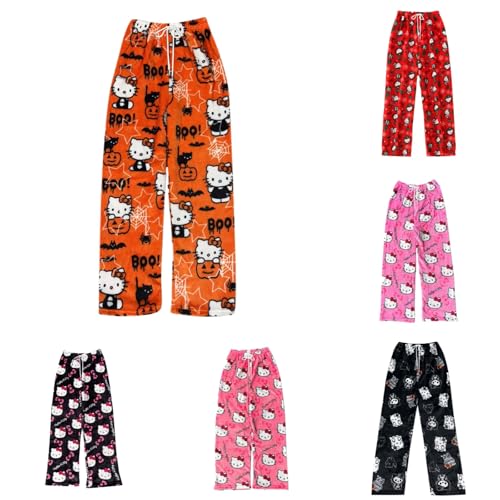 Hello Kἰtty Pyjama Hose Weihnachten mit 3 Taschen Große Größen, Damen Schlafanzughose Hosen Lang Flanell Damen Schlafhose Weich Pyjamas Kordelzug Anime Bequeme Warme Pyjamahose Ideal zum Schlafen von Generic