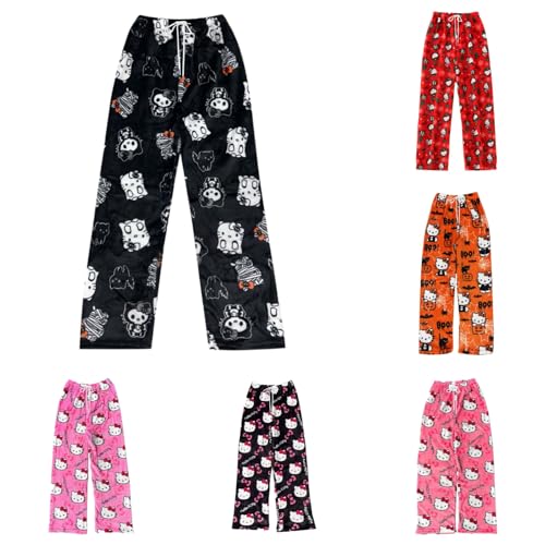 Hello Kἰtty Pyjama Hose Weihnachten mit 3 Taschen Große Größen, Damen Schlafanzughose Hosen Lang Flanell Damen Schlafhose Weich Pyjamas Kordelzug Anime Bequeme Warme Pyjamahose Ideal zum Schlafen von Generic