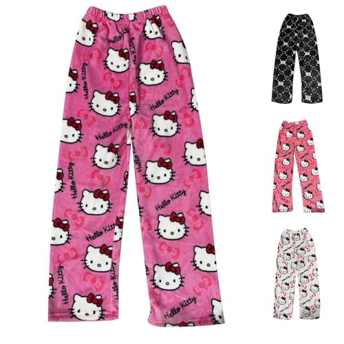 Hello Kἰtty Schlafanzug Damen Hosen Lang Flanell Schlafanzug Kawaii Baumwolle Warm Pyjama Schlafhose Winter Anime Weich Kuschelhose Lustige Geschenke Rosa XL von Generic