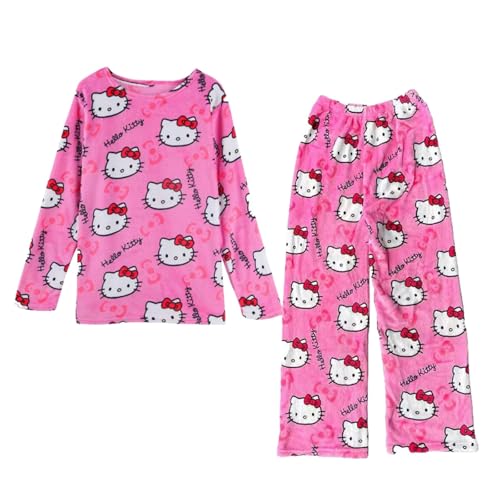 𝗛𝗲𝗹𝗹𝗼 𝗞𝗶𝘁𝘁𝘆 Pjama Set Damen,Schlafanzug 𝗛𝗲𝗹𝗹𝗼 𝗞𝗶𝘁𝘁𝘆,pyjama damen 2 Stück 𝗛𝗲𝗹𝗹𝗼 𝗞𝗶𝘁𝘁𝘆 Flanell Pyjamahose Lang Kawaii Cartoon Kuschel Schlafanzug für Teenager Mädchen von Generic