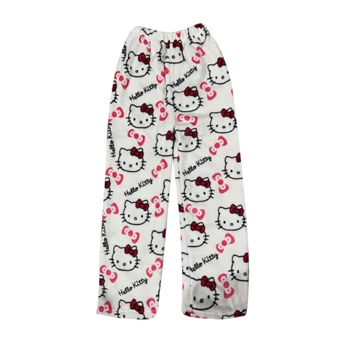 Hello Pyjama Kitty Hose Y2K Kawaii Schlafanzug Damen Hello Pyjama Kitty Hose Schlafanzug Damen Schwarz Flauschig Y2K Hose Pink Damen Schlafhosen Musselin Pyjama (Weiß, XL) von Generic