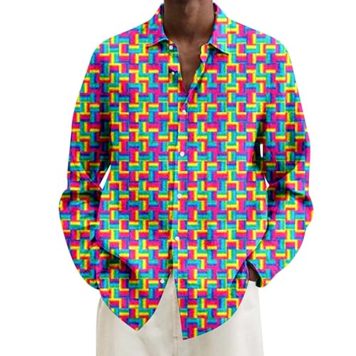 Hemd 80er Jahre Herren Langarm, Faschingskostüme Männer 70er Hemd, 60er Jahre Outfit Herren Hip Hop Disco Hawaiihemd Mit Bunte Muster Und Button-Down Lustig Slim Fit 90er Jahre Silvester Hemd Herren von Generic