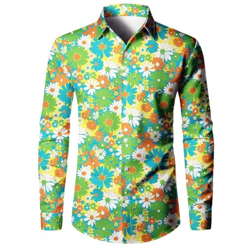 Hemd 80er Jahre Herren Langarm, Karneval Kostüm Herren 70er Hemd, 60er Hip Hop Disco Outfit Herren Hawaiihemd Mit Bunte Muster Und Button-Down Funky Lustig 90er Jahre Oversize Hemd Für Karneval Party von Generic