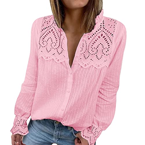 Hemd Damen Leinenbluse Spitze Bluse Baumwolle Langarmshirt Elegant Hemdbluse zum Knöpfen V-Ausschnitt Casual Arbeit Shirt Baumwolle Leinen Sommer Oberteile von Generic