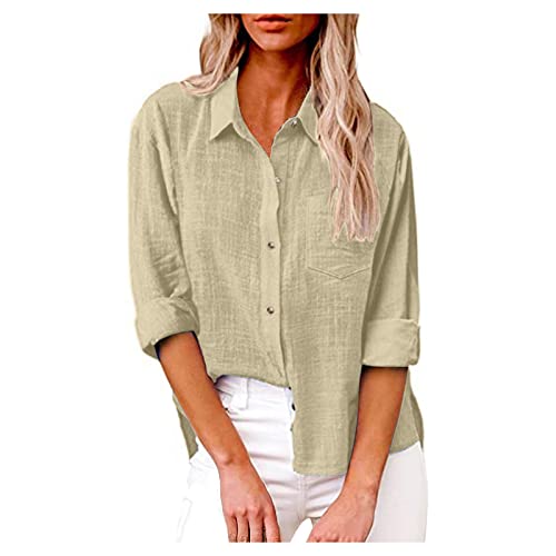 Damen Oversized Hemd - Elegantes Langarm Leinenbluse Mit Revers, Einfarbig Basic Top für Sommer, Beige, M von Generic