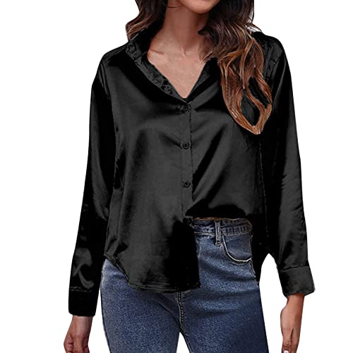 Hemd Damen Satin Bluse Damen Seide V-Ausschnitt Hemden Elegant Langarmhemd Elegant Langarm Business Oberteile Mit KnöPfen Tops Lose Langarmshirt Satin Oberteil Damen von Generic