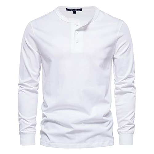 Hemd Herren, Henley Shirt Langarmshirt Herren Einfarbig Fit Casual Tshirt Herren Langarmshirt KnöPfe T Shirts Mit Tasche Poloshirt Herren Kragenlos Hemden Sweatshirts füR Herren Weiß XL von Generic