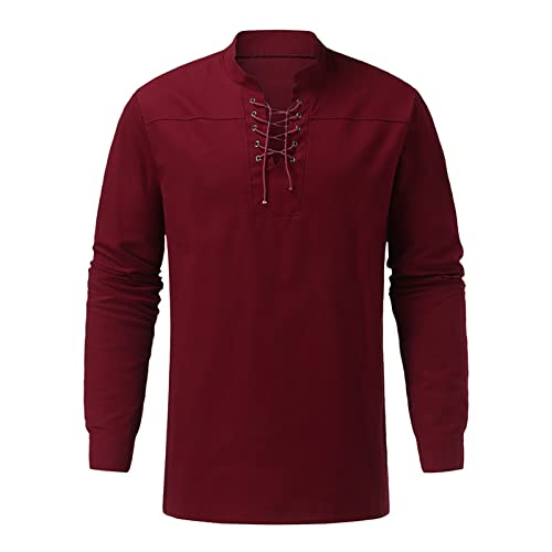 Hemd Herren, Herren Baumwolle Leinen Henley Shirt Casual Hippie Kordelzug Langarm T-Shirts, Regular Fit Herren Langarm Freizeithemd Herren Universal Longsleeve Funktionsshirt Herren Langarm Rot 3XL von Generic