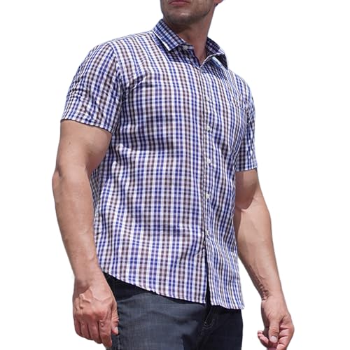 Hemd Herren Baumwolle Kurzarm Kariertes Hemden Sommer Freizeithemden Button Down Kurzarmhemd Freizeit Herrenhemden Oversized Fischerhemd Businesshemd Blau L von Generic