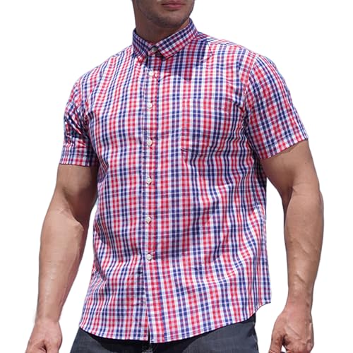 Hemd Herren Baumwolle Kurzarm Kariertes Hemden Sommer Freizeithemden Button Down Kurzarmhemd Freizeit Herrenhemden Oversized Fischerhemd Businesshemd Rot XXL von Generic