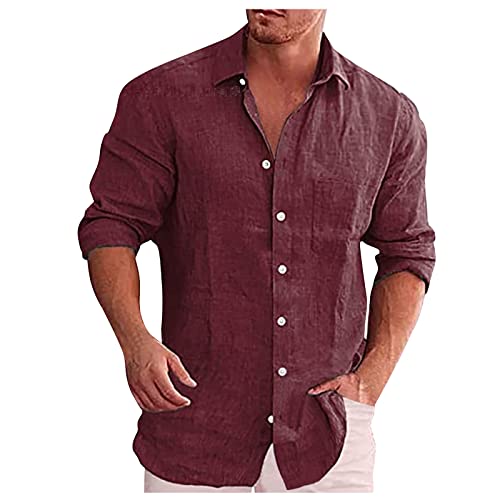 Hemd Herren Baumwolle Leinenhemd Herren Hemd Langarm Regular Fit Freizeithemd Shirts Langarmhemd Einfarbig Basic Shirt Leicht Männer Strand-Shirt Sweatshirt Herren Rot XL von Generic