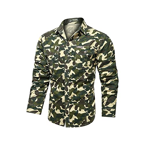 Hemd Herren Body Fit Kurzarm Männliches Herbst-Winter-Baumwoll-Einreiher-Doppeltaschen-Langarm-Camouflage-gewaschenes Militär-Outdoor-Shirt Herren Freizeit Hemd Langarm von Generic