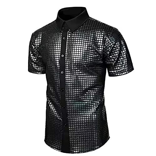 Hemd Herren Glänzend Metallic Kurzarm Slim Fit Button Down Shirts 80er Jahre Outfit Herren Pailletten Oberteil Karneval Kostüm Disco Hemden Gold Glitzer Partyshirt für Mottoparty Nachtclub Fasching von Generic