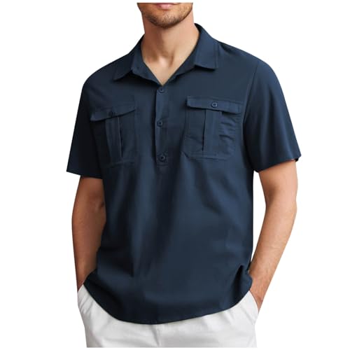 Hemd Herren Henly Freizeithemd Männer Freizeit Sommerhemd mit Tasche Sommer Kurzarmhemd Leichte Bequeme Strandhemd mit Knopfleiste Angelhemd Fashion Casual Herrenhemd Deals Marine 3XL von Generic