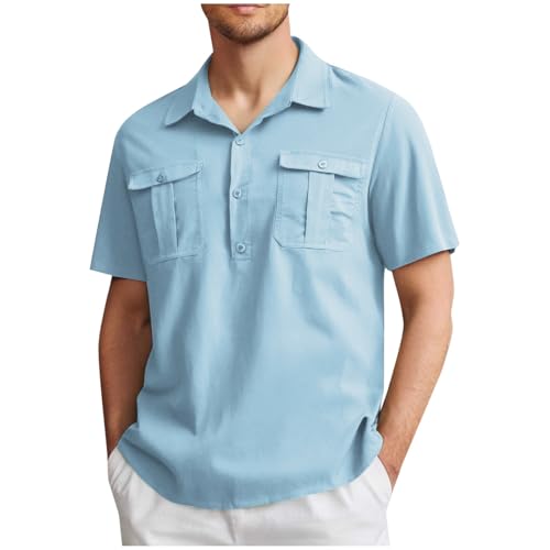 Hemd Herren Henly Freizeithemd Männer Freizeit Sommerhemd mit Tasche Sommer Kurzarmhemd Leichte Bequeme Strandhemd mit Knopfleiste Angelhemd Fashion Casual Herrenhemd Sale Hellblau 3XL von Generic
