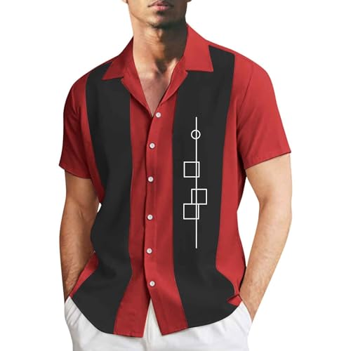 Hemd Herren Klassische Kurzarm Hemd Zweifarbig Gestreiftes Bowlinghemden Knopfverschluss Hawaiihemd Sommerhemd Kurzarm Hawaii Hemd Vintage Freizeithemd Vordertasche Bowling Shirts Strandhemd von Generic