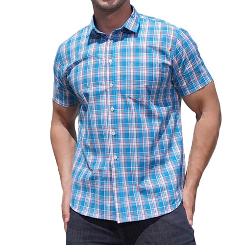Hemd Herren Kurzarm Baumwolle Hemden Sommer Kariertes Freizeithemden Button Down Kurzarmhemd Freizeit Herrenhemden Oversized Fischerhemd Classic Businesshemd Prime 03 Blau 3XL von Generic