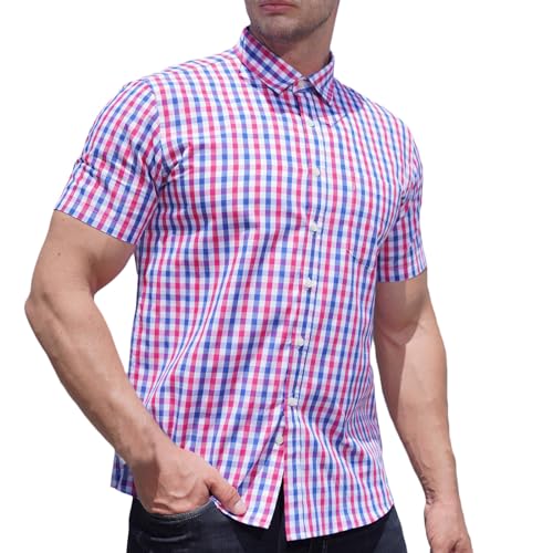 Hemd Herren Kurzarm Baumwolle Hemden Sommer Kariertes Freizeithemden Button Down Kurzarmhemd Freizeit Herrenhemden Oversized Fischerhemd Classic Businesshemd des Tages Heute 01 Rosa S von Generic