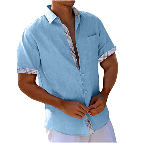 Hemd Herren Kurzarm Leinenhemd Sommer Urlaub Strand Tshirt Patchwork Kurzarmhemd Regular Fit Freizeithemd Button Down Shirt Große Größen Herrenhemden Dünne Atmungsaktive Sommerhemd Lässige Longshirt von Generic