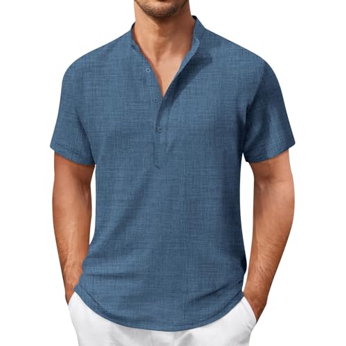 Hemd Herren Kurzarm Sommer Einfarbig Henley Shirt Regular Fit Stehkragen Hemden Leicht Dünne Freizeithemd Casual Basic Sommerhemd Männer Strandhemd Mode Lässige Herrenhemden Kurzarmhemd von Generic