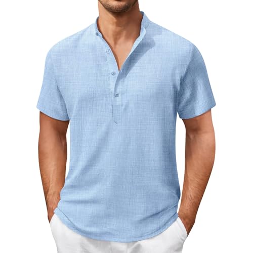 Hemd Herren Kurzarm Sommer Einfarbig Henley Shirt Regular Fit Stehkragen Hemden Leicht Dünne Freizeithemd Casual Basic Sommerhemd Männer Strandhemd Mode Lässige Herrenhemden Kurzarmhemd von Generic