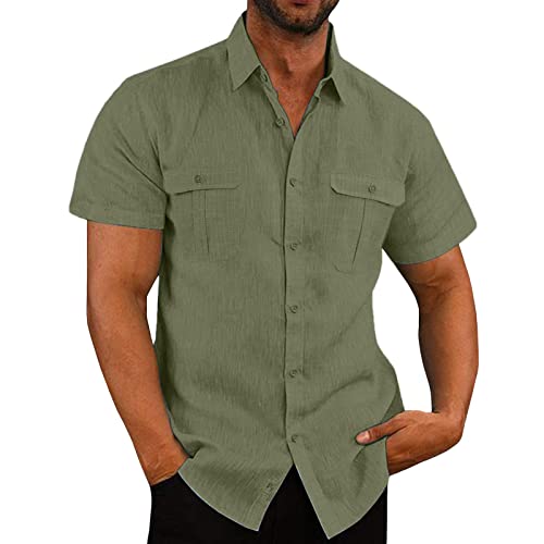 Hemd Herren Langarm Henley Sommerhemd Herren Freizeithemd Leinenhemd Regular Fit Men Shirts Army Green XXXXL 46 von Generic