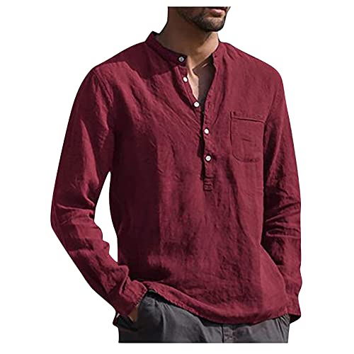 Hemd Herren Leinen Shirt Shirts Men Leinenhemd Henley Linen Long Sleeve T -Shirts,Langarm Wine,L von Generic