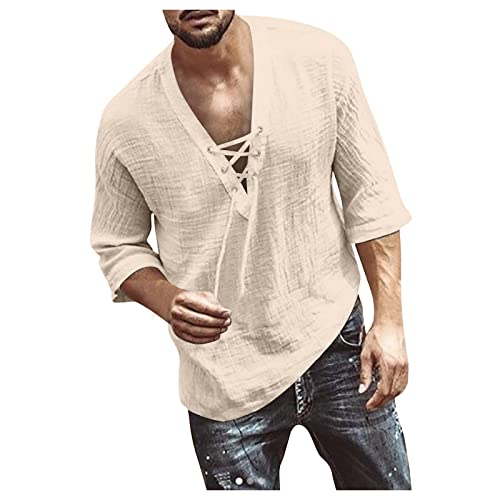 Hemd Herren Leinenhemd Herren Langarm Sommer Hemden Freizeithemden für Herren Regular Fit mit V-Ausschnitt Schnürung 3/4 Ärmellänge Einfarbig T-Shirt Hemd Herren Beige L von Generic