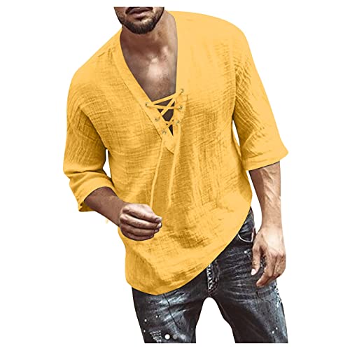 Hemd Herren Leinenhemd Herren Langarmshirt Herren Hemden Freizeithemden Regular Fit Tshirt mit V-Ausschnitt SchnüRung T Shirt 3/4 äRmelläNge T-Shirt Einfarbig Sweatshirt Tshirt Herren Gelb 5XL von Generic