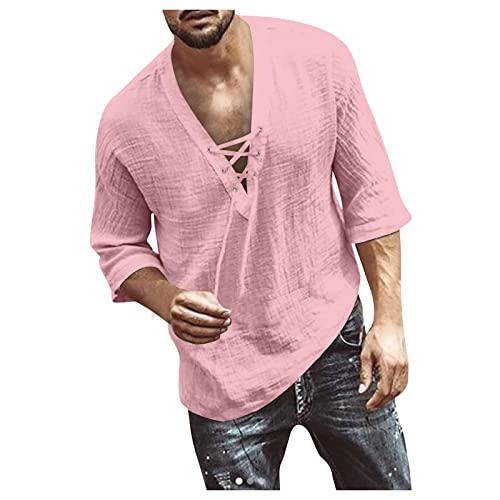 Hemd Herren Leinenhemd Herren Langarmshirt Herren Hemden Freizeithemden Regular Fit Tshirt mit V-Ausschnitt SchnüRung T Shirt 3/4 äRmelläNge T-Shirt Einfarbig Sweatshirt Tshirt Herren pink 4XL von Generic