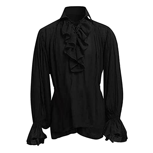 Hemd Herren Mittelalter Hemd Rüschenhemd Gothic Shirt Pirat Langarm Kostüm Renaissance Viktorian Steampunk Cosplay Langarmshirt Einfarbig Hemd Langarm Longsleeve Herren Schwarz L von Generic