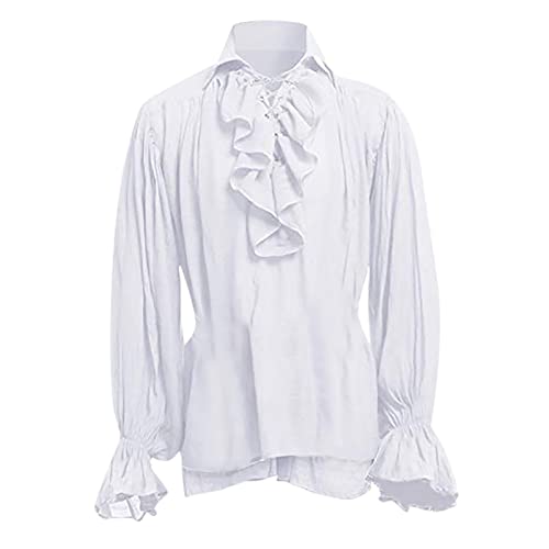 Hemd Herren Mittelalter Hemd Rüschenhemd Gothic Shirt Pirat Langarm Kostüm Renaissance Viktorian Steampunk Cosplay Langarmshirt Einfarbig Hemd Langarm T Shirts MäNner Weiß XS von Generic
