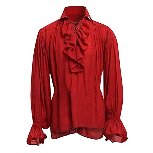 Generic Herren Mittelalter Hemd Rüschenhemd Gothic Shirt Pirat Langarm Kostüm Renaissance Viktorian Steampunk Cosplay Langarmshirt Rot XXL von Generic