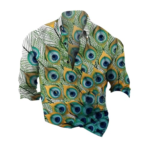Hemd Herren Sommer Kurz Hawaii Print Hemd - Pfau Print Funky Freizeithemd Herren Grandad Hemd Leicht Angenehm Kühl Sommer Urlaub Freizeithemd Neu 2023 Lässig Strandhemd Herren Streatwear XS-4XL von Generic