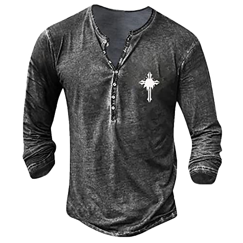 Hemd Herren T-Shirt Basic Freizeit Langarm Henley Shirt Langarmhemd mit Knopfleiste Retro Strick Drucken Langarmshirt Sportshirt V-Ausschnitt Slim Fit Sport Tshirts Herren grau XXL von Generic